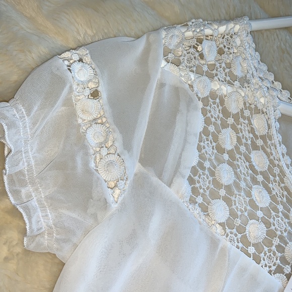 ivory chiffon sheer layered puff slv babydoll tunic blouse top L - Picture 9 of 11